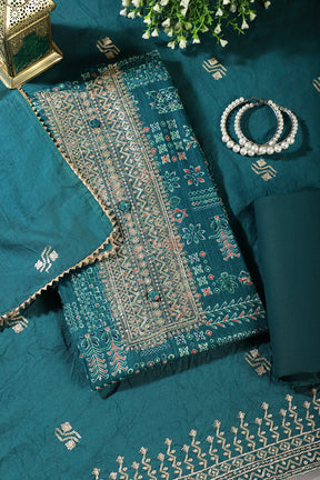 Teal Digital Printed & Neck Embroidered Cotton Unstitched Suit