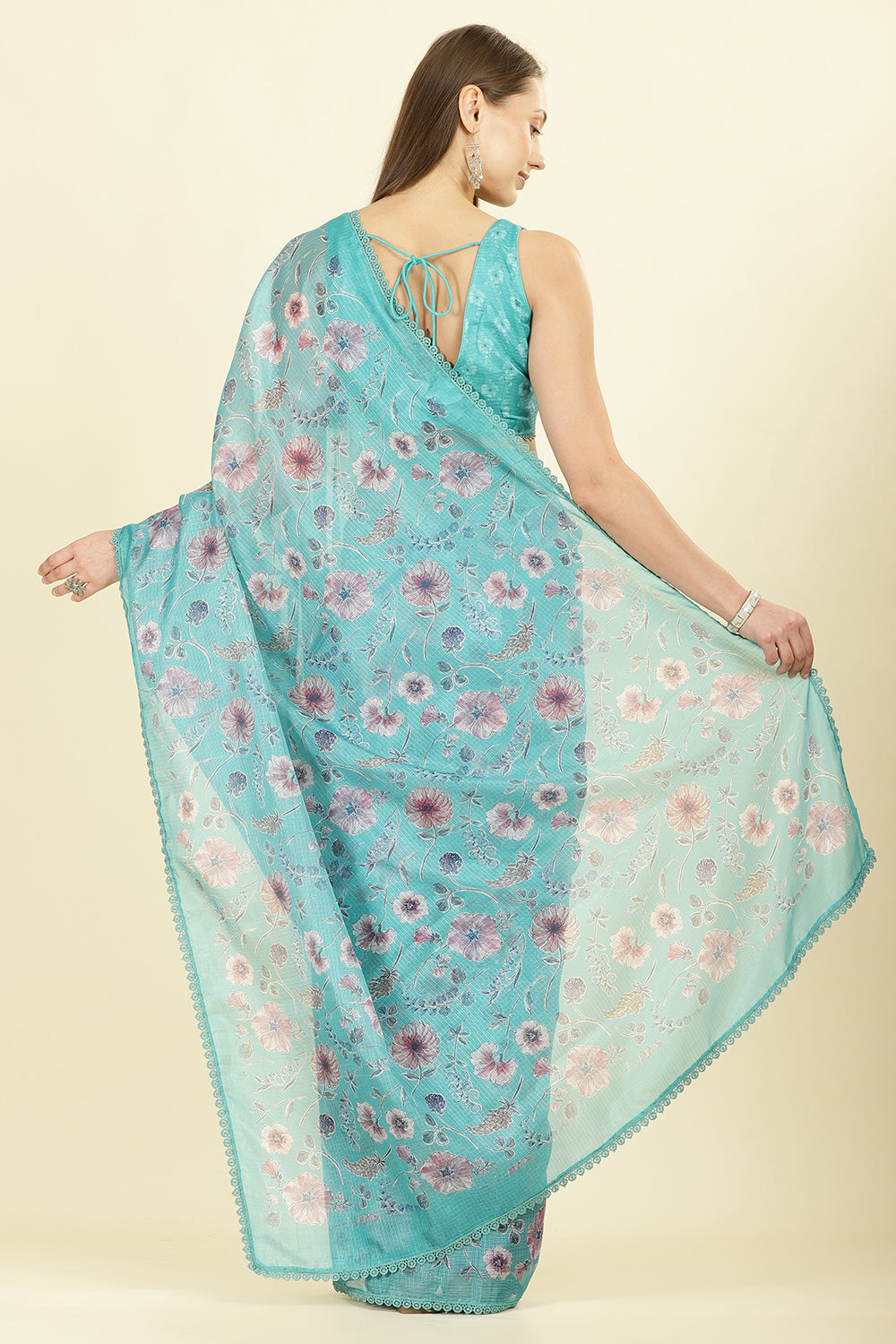 Sea Green Organza Floral Printed And Lace Work Saree