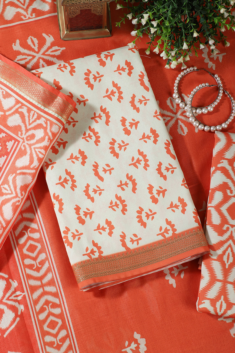Orange Floral Block Print Cotton Unstitched Suit Fabric