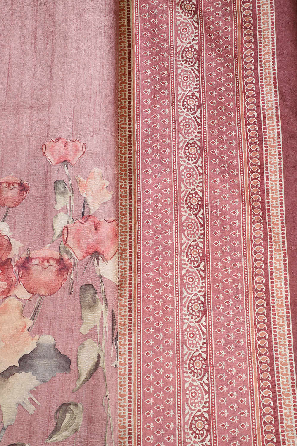 Dusty Pink Floral Printed Tussar Silk Saree