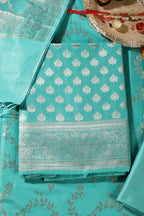 Sea Green Silk Zari Woven Unstitched Suit Fabric