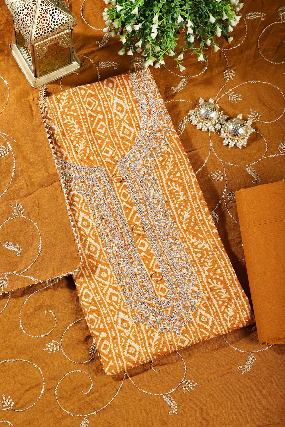 Mustard Cotton Digital Printed & Neck Embroidered Unstitched Suit