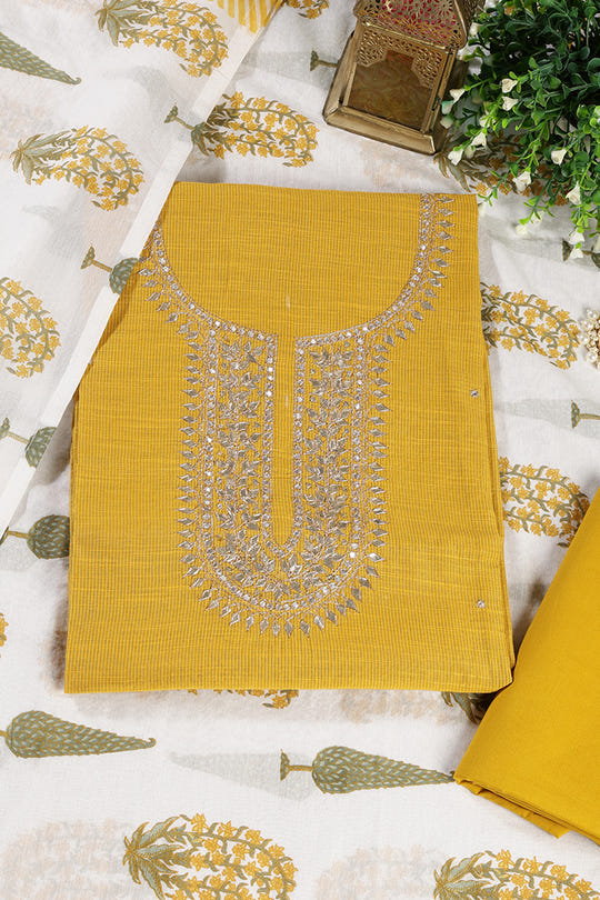 Mustard Cotton Gota Patti and Zari Work Unstitched Suit Material