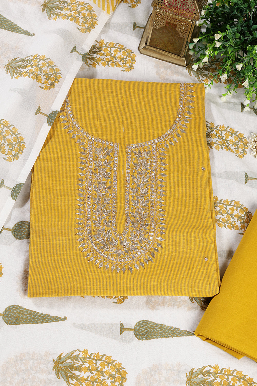 Mustard Cotton Gota Patti and Zari Work Unstitched Suit Material