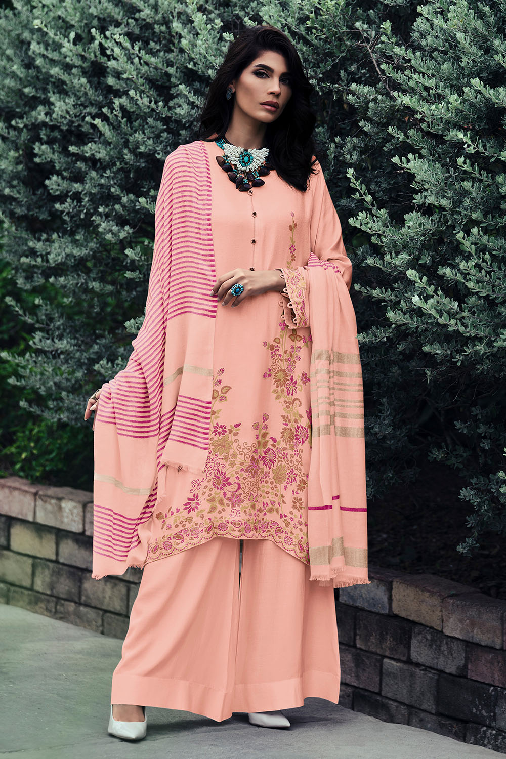 Peach Colour Pashmina Embroidered Unstitched Suit Material