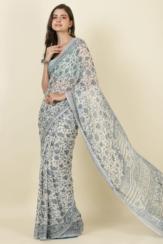 White & Blue Georgette Floral Printed Saree