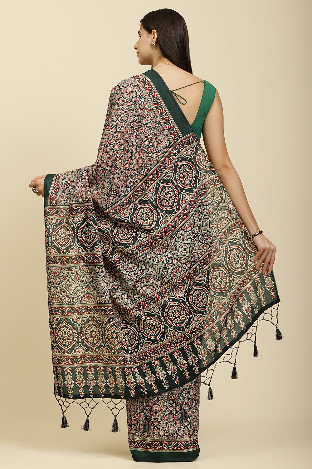 Bottle Green Cotton Silk Ajrakh Block Printed Saree