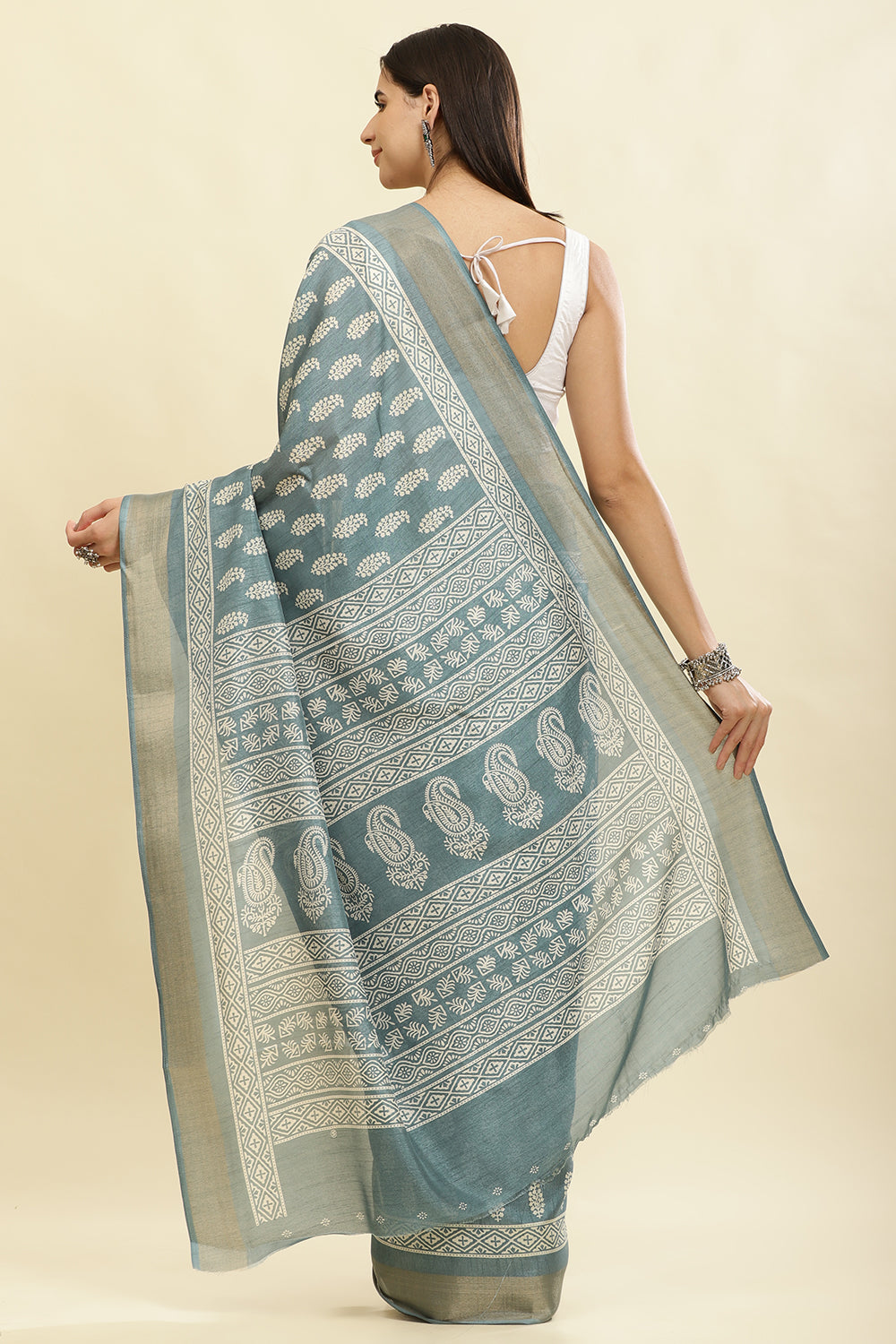Firozi Color Cotton Silk Boota Printed And Zari Woven Saree