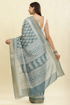 Firozi Color Cotton Silk Boota Printed And Zari Woven Saree