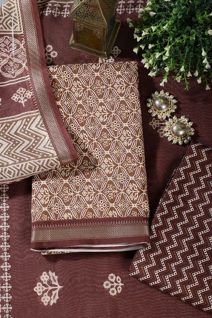 Brown Cotton Ajrakh Block Print Unstitched Suit Material