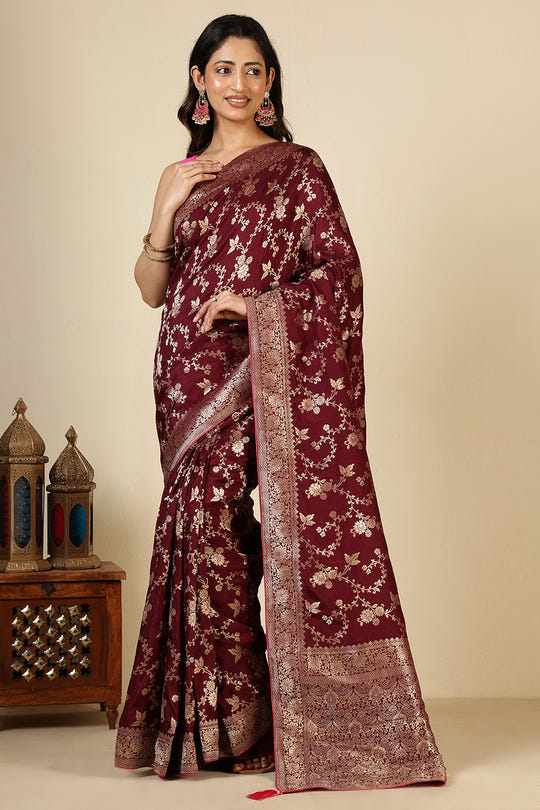 Dark Scarlet Banarasi Silk Zari Floral Zaal Woven Saree
