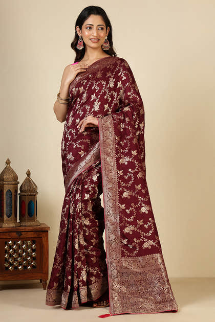 Dark Scarlet Banarasi Silk Zari Floral Zaal Woven Saree