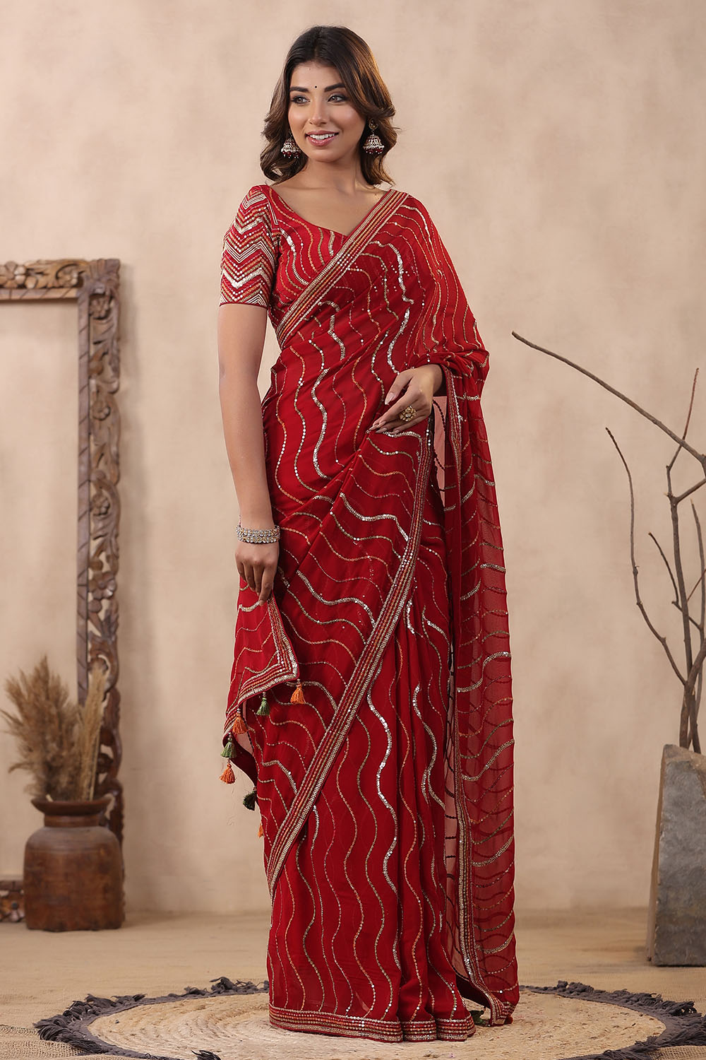 Maroon Color Embroidered Georgette Saree