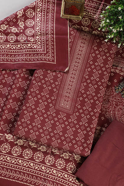 Wine Printed Pashmina Unstitched Suit Fabric