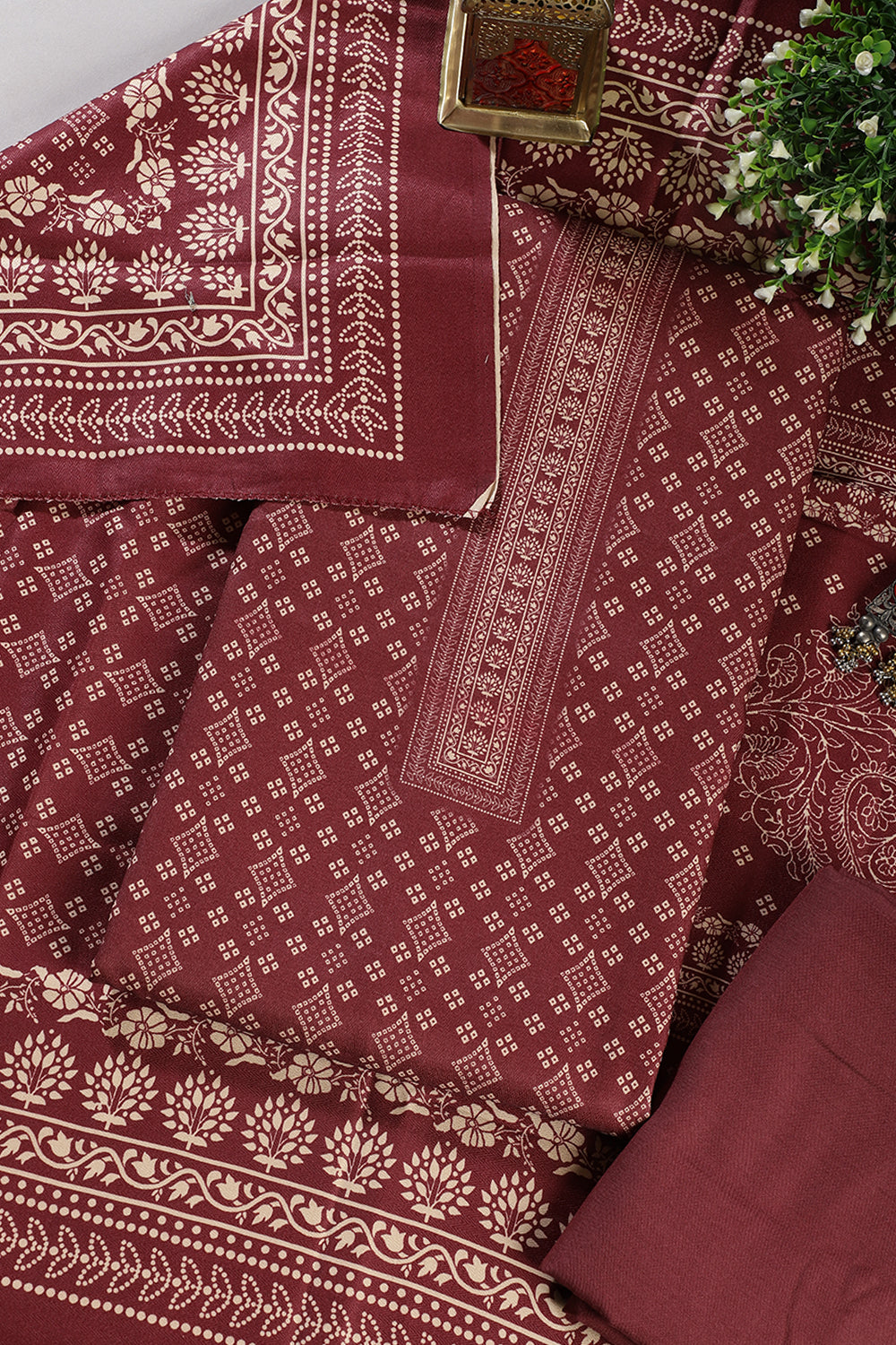 Wine Printed Pashmina Unstitched Suit Fabric