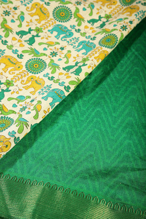 Cream & Green Color Tussar Silk Indian Folk Art Printed Saree