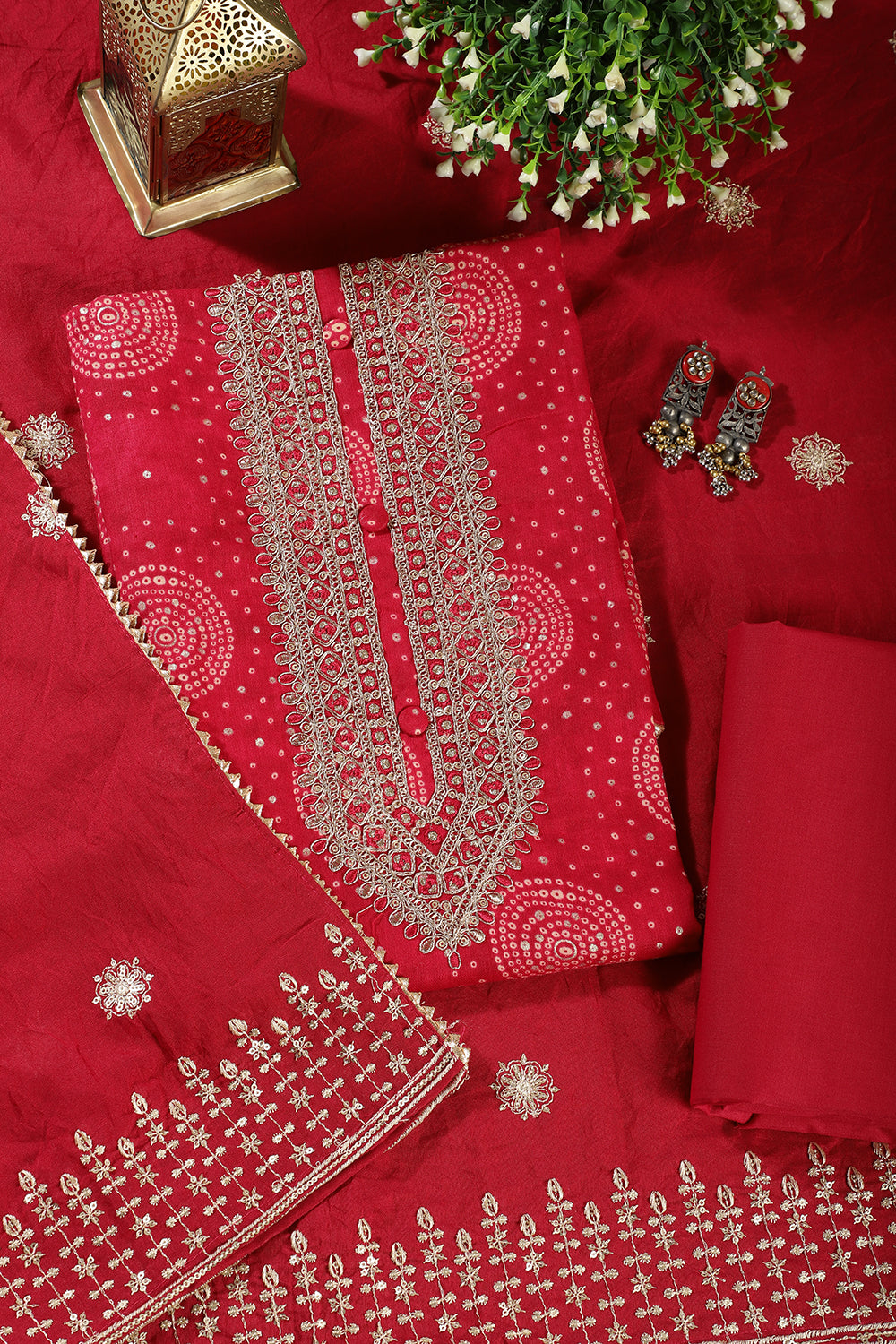 Rani Cotton Bandhani Printed & Neck Embroidered Unstitched Suit