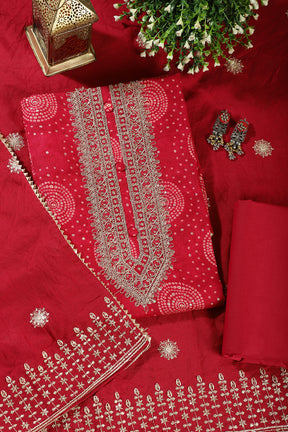 Rani Cotton Bandhani Printed & Neck Embroidered Unstitched Suit