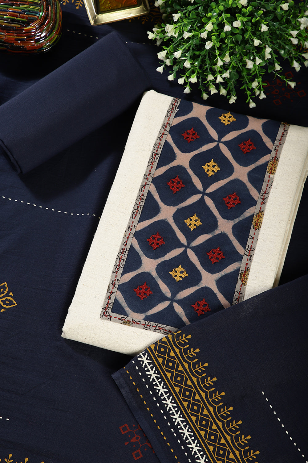 Cream & Indigo Color Khadi Cotton Unstitched Suit Material