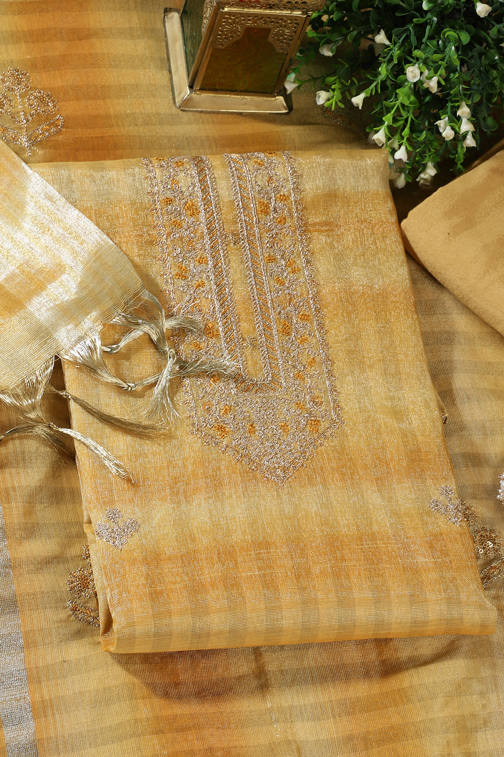 Mustard Tissue Silk Zari And Resham Embroidered Unstitched Suit Material