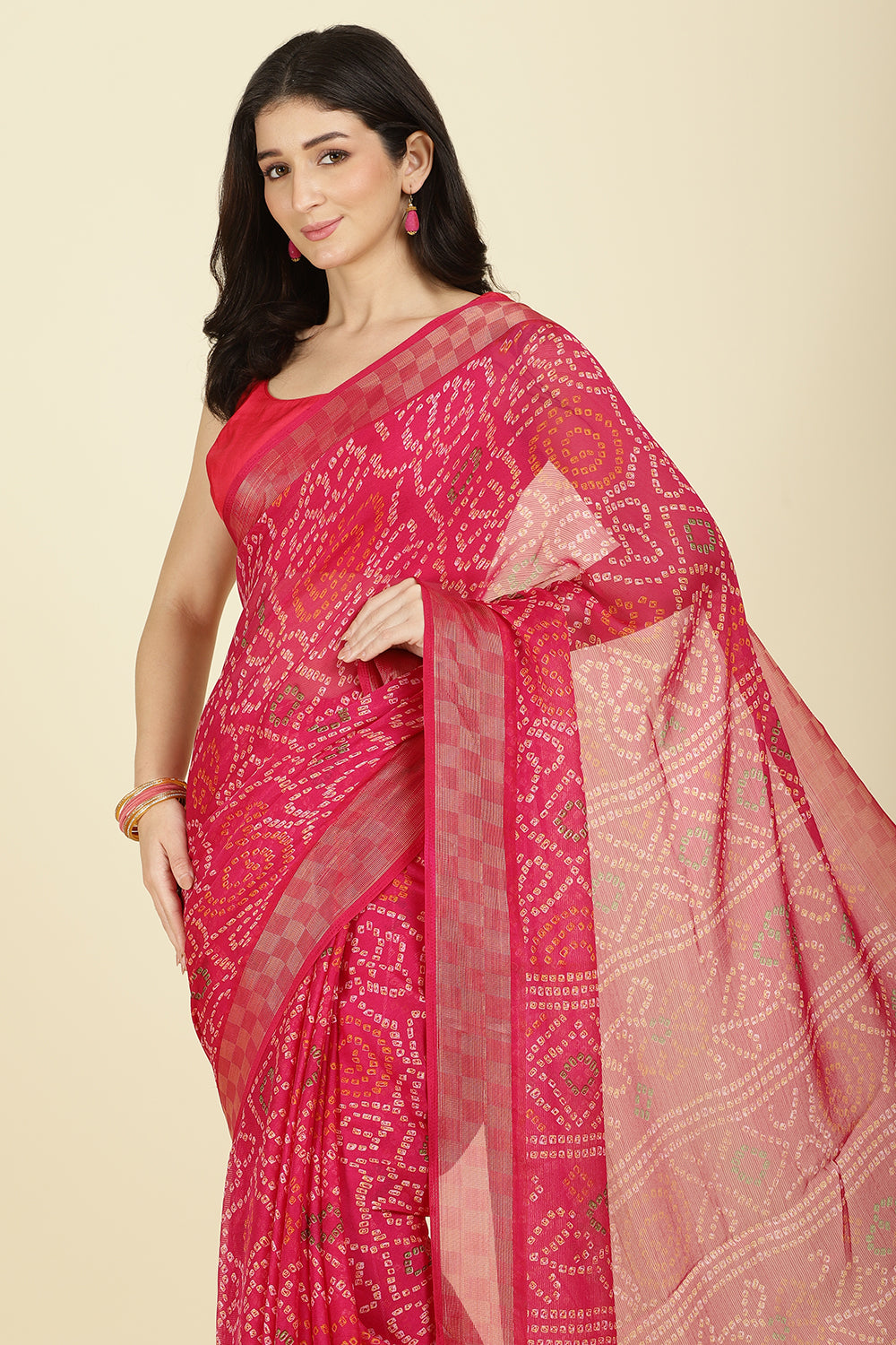 Magenta Pink Color Chiffon Bandhani Printed Saree