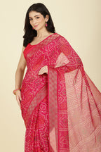 Magenta Pink Color Chiffon Bandhani Printed Saree