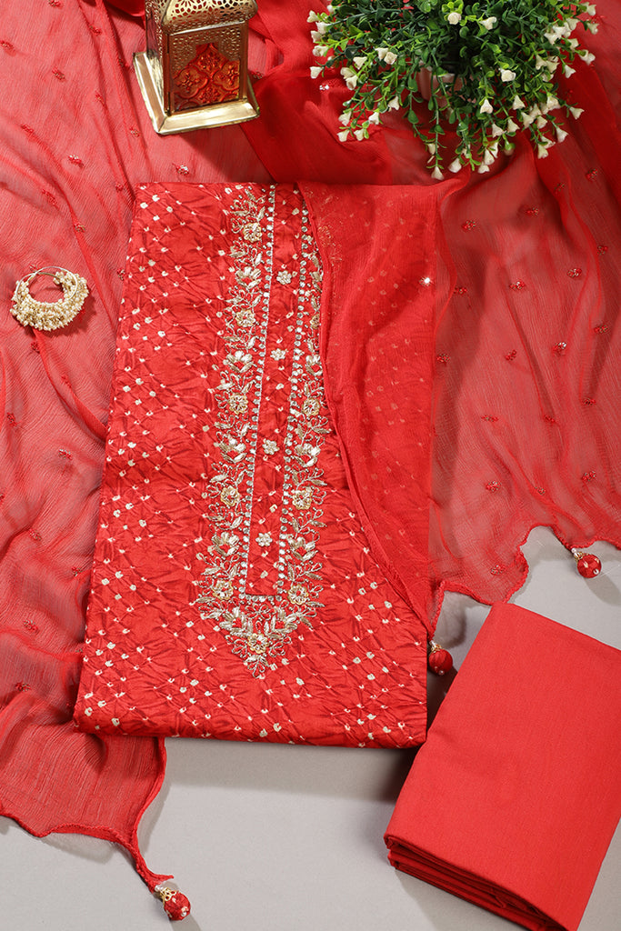 Red Cotton Neck Zardozi Embroidered & Shibori Printed Unstitched Suit Fabric