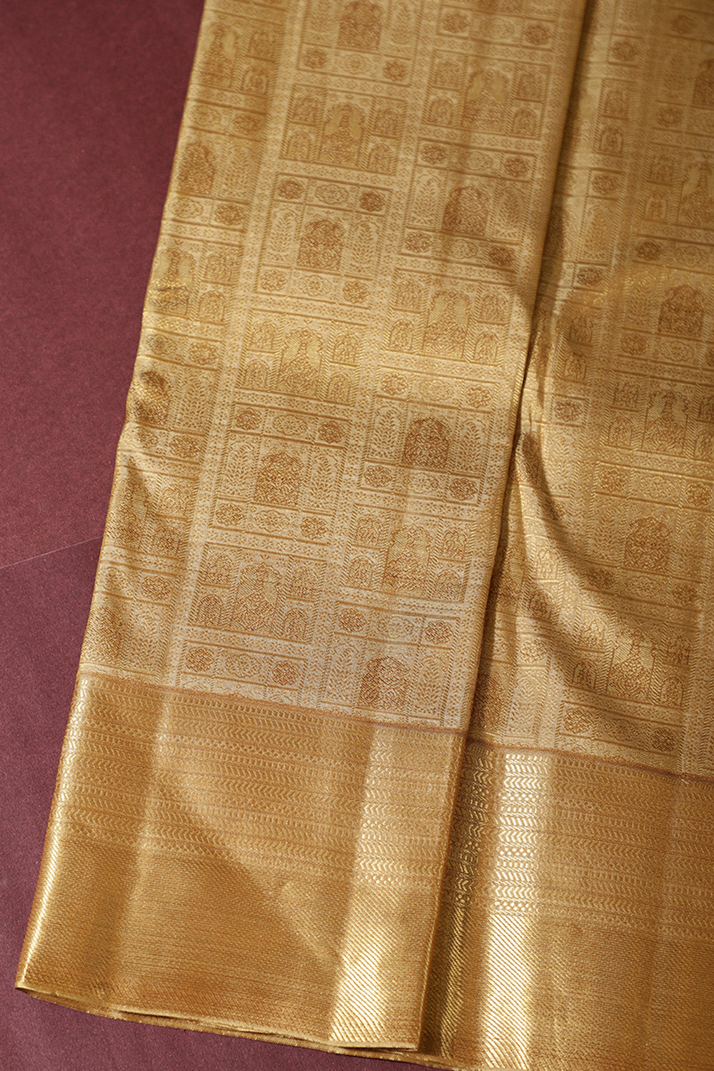 Tussar Color Kanjivaram Pure Silk Handloom Zari Saree with Temple Motifs