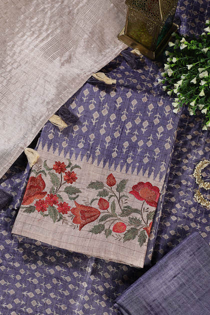 Voilet Tussar Cotton Printed And Floral Embroidered Unstiched Suit Material