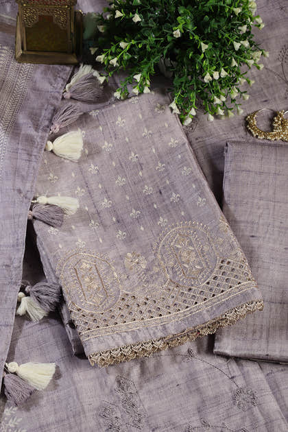 Lavender Tussar Cotton Printed And Reham Embroidered Unstiched Suit Material