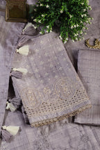 Lavender Tussar Cotton Printed And Reham Embroidered Unstiched Suit Material
