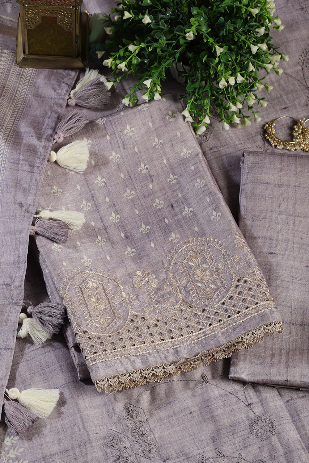 Lavender Tussar Cotton Printed And Reham Embroidered Unstiched Suit Material
