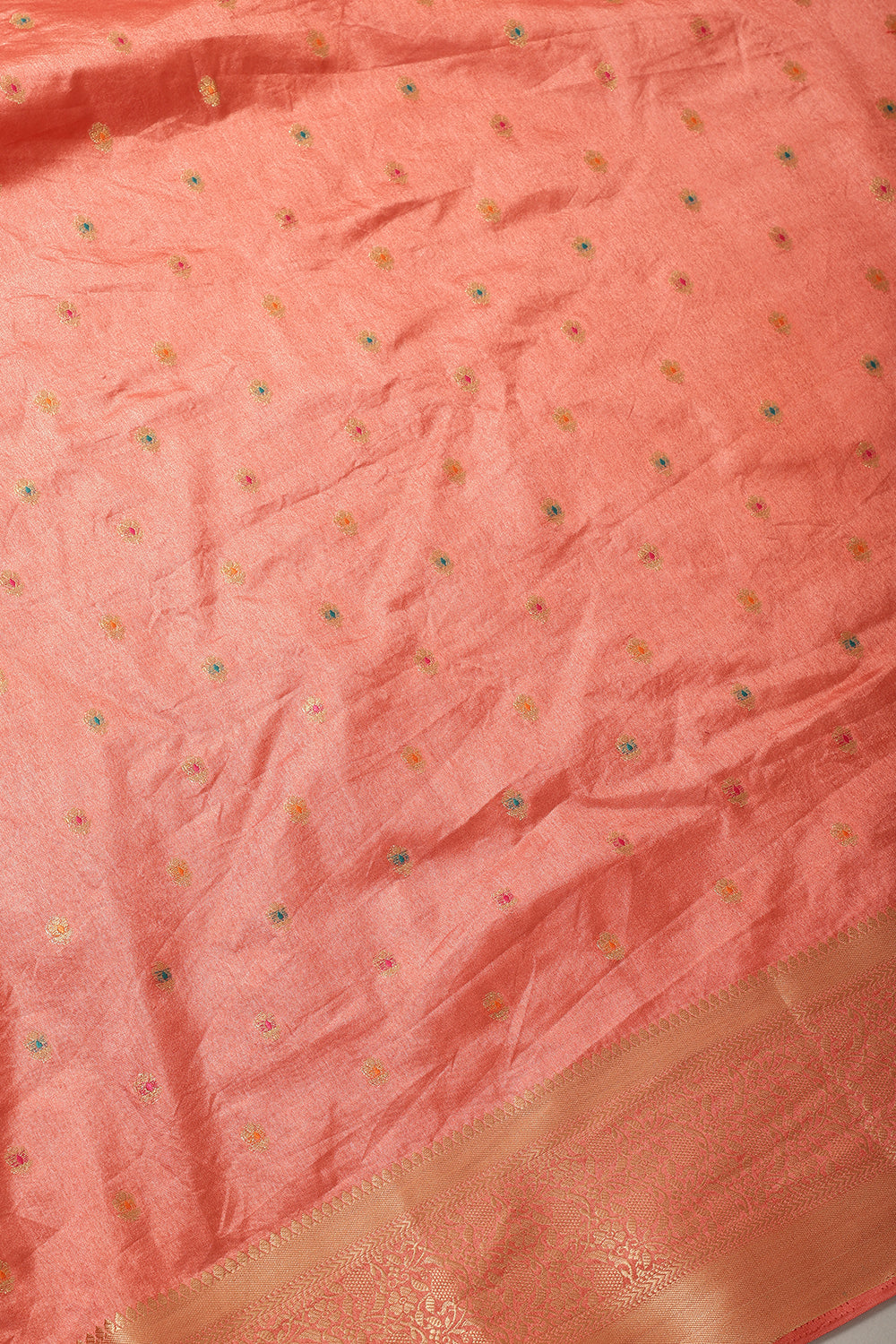 Peach Cotton Zari & Resham Woven Saree