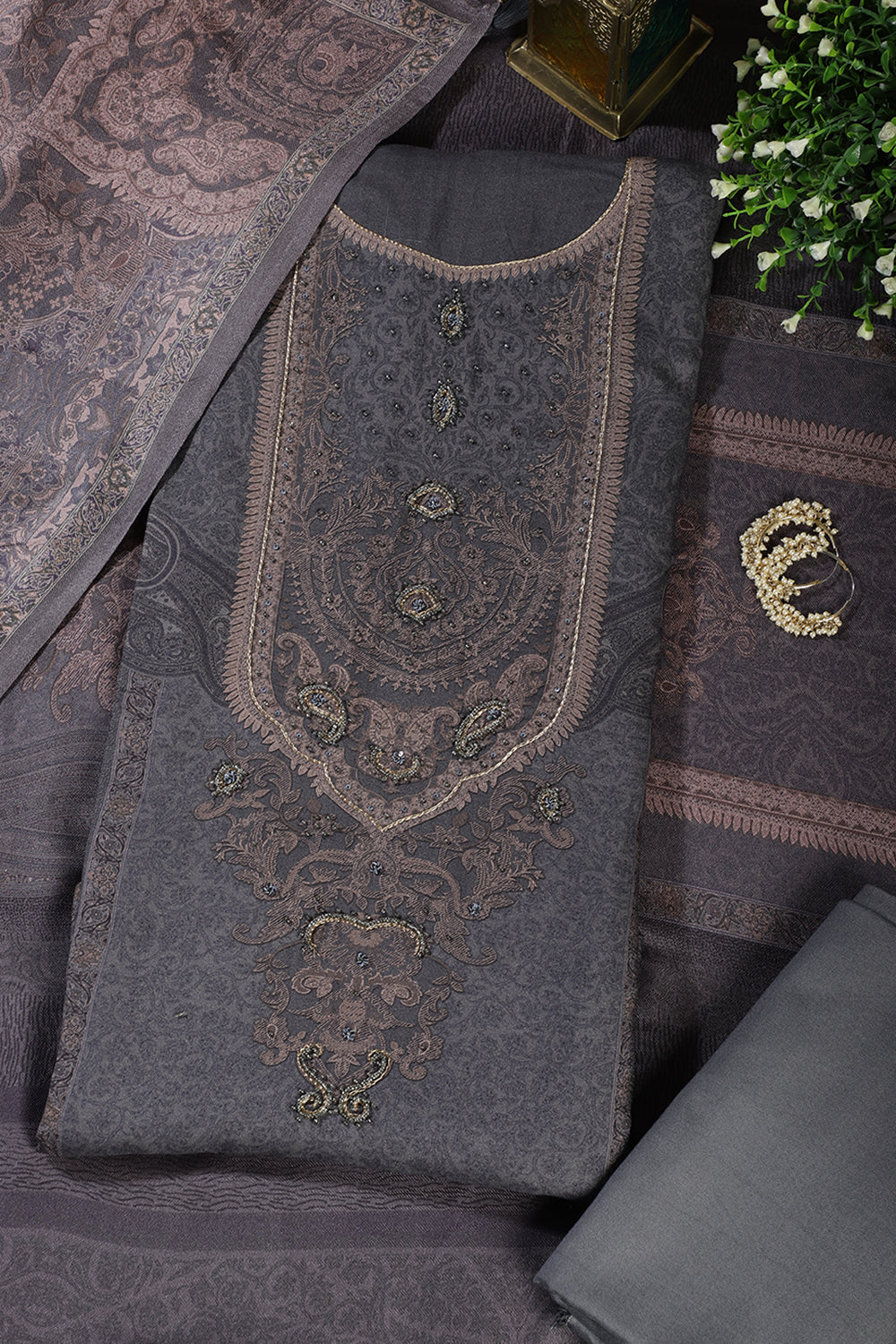 Grey Floral Jaal Printed Spun Unstitched Suit Material