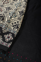 Cream & Black Silk Printed And Hand-Knot Work Saree