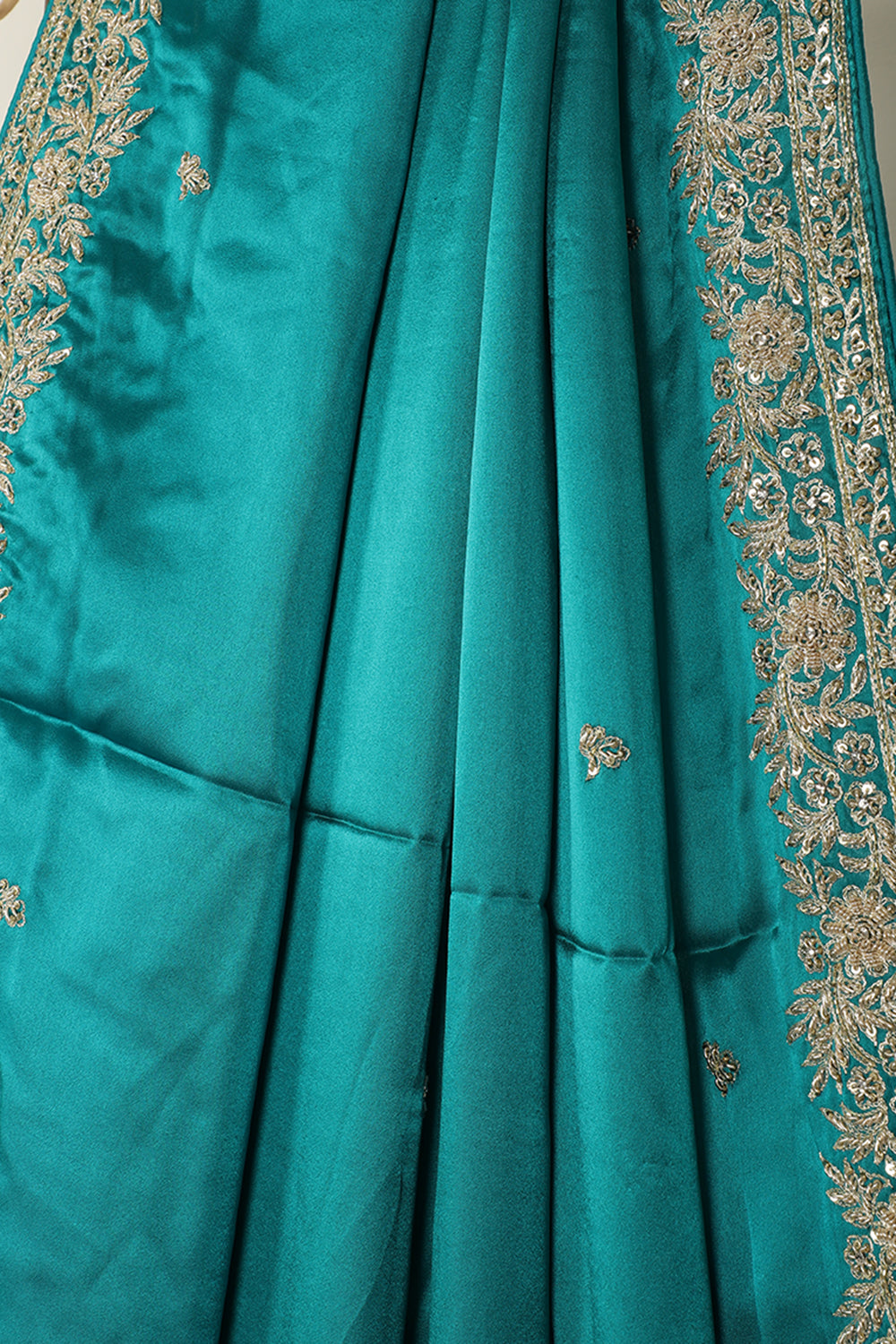 Firozi Colr Pure Satin Crepe Saree with Zardozi Handwork