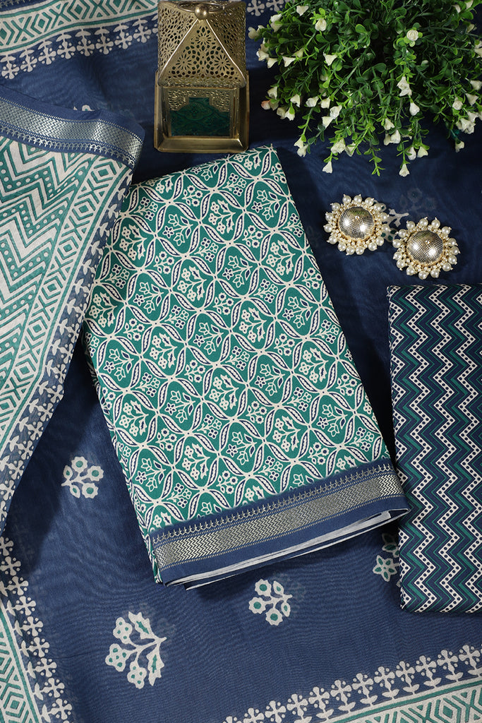 Green Cotton Ajrakh Block Print Unstitched Suit Material