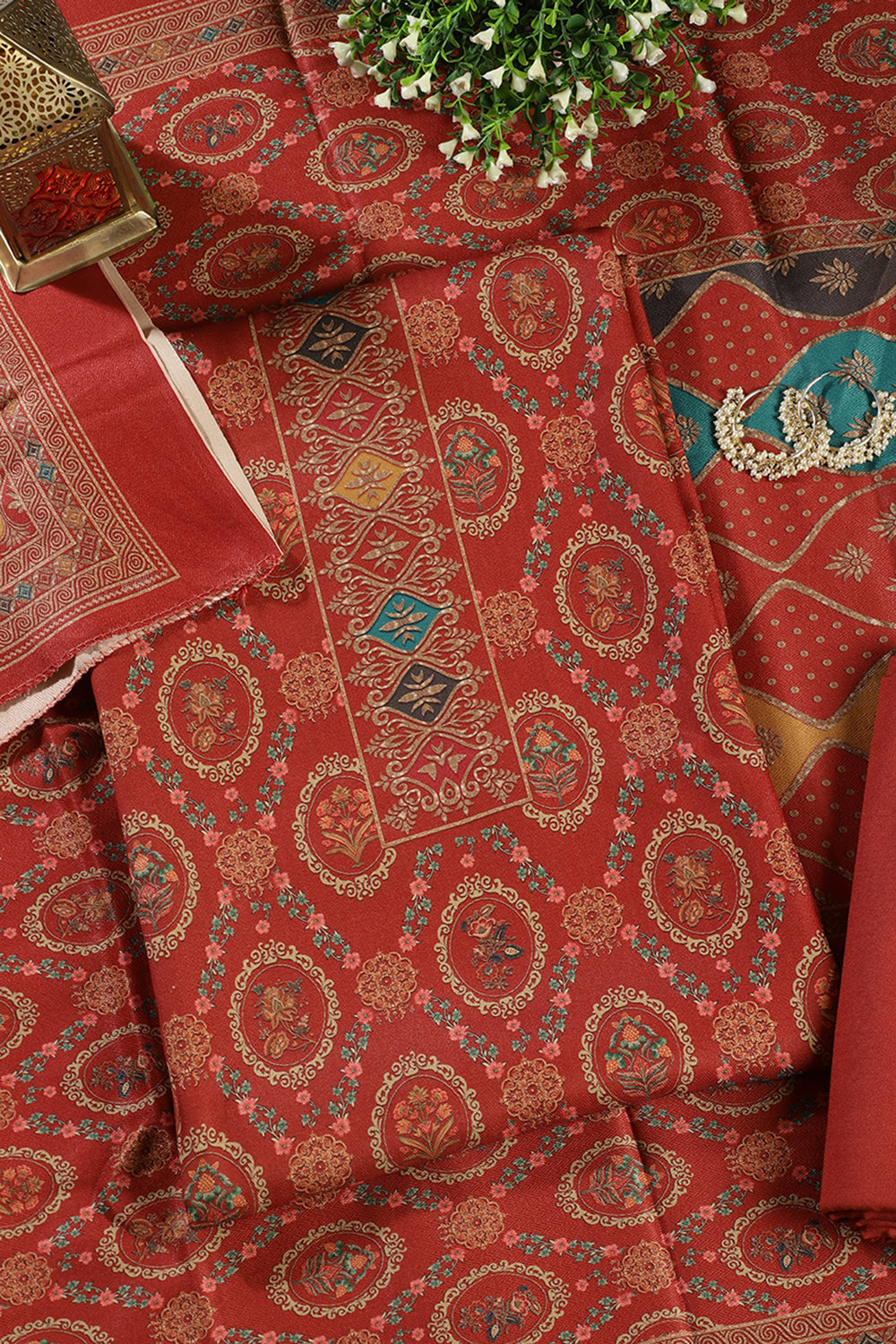 Rust Pashmina Digital Printed Unstitched Suit Material