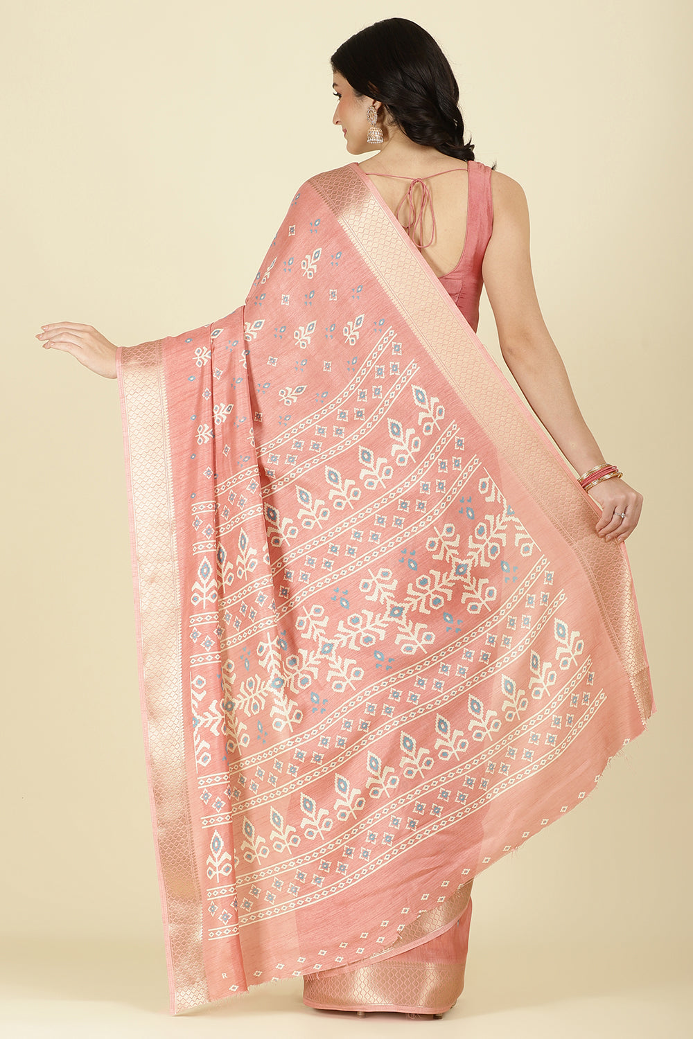 Peach Cotton Silk Printed And Zari Woven Saree
