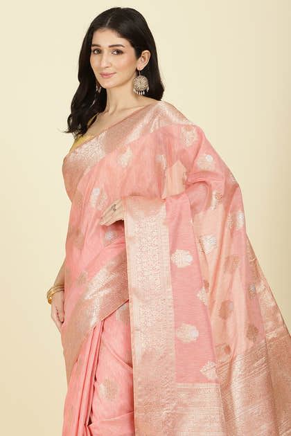 Peach Cotton Zari Woven Saree