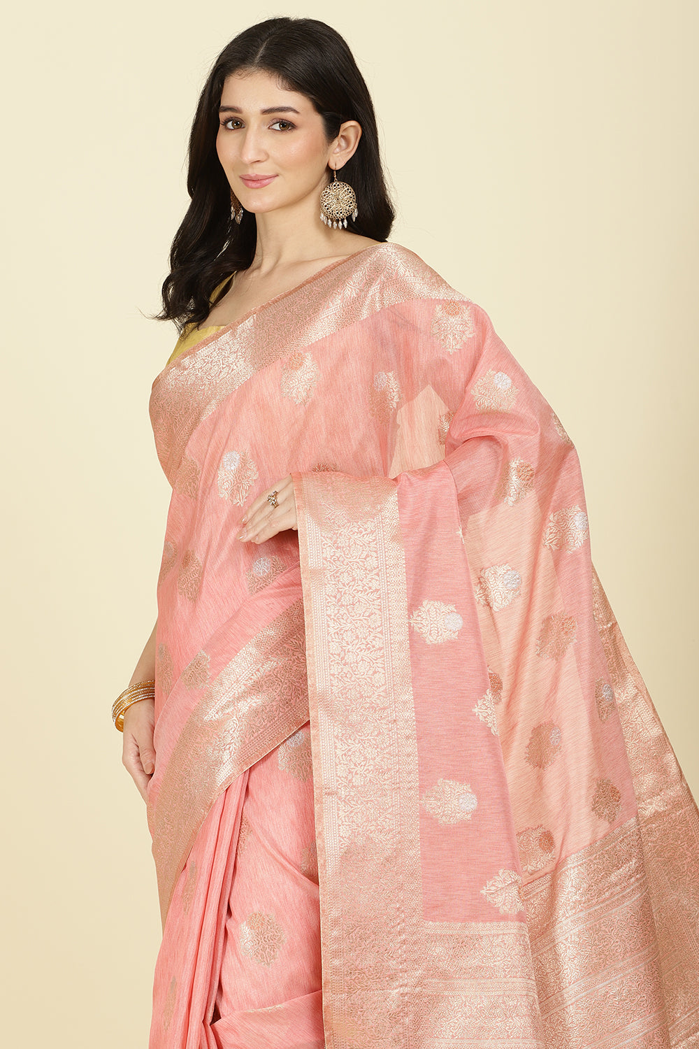 Peach Cotton Zari Woven Saree