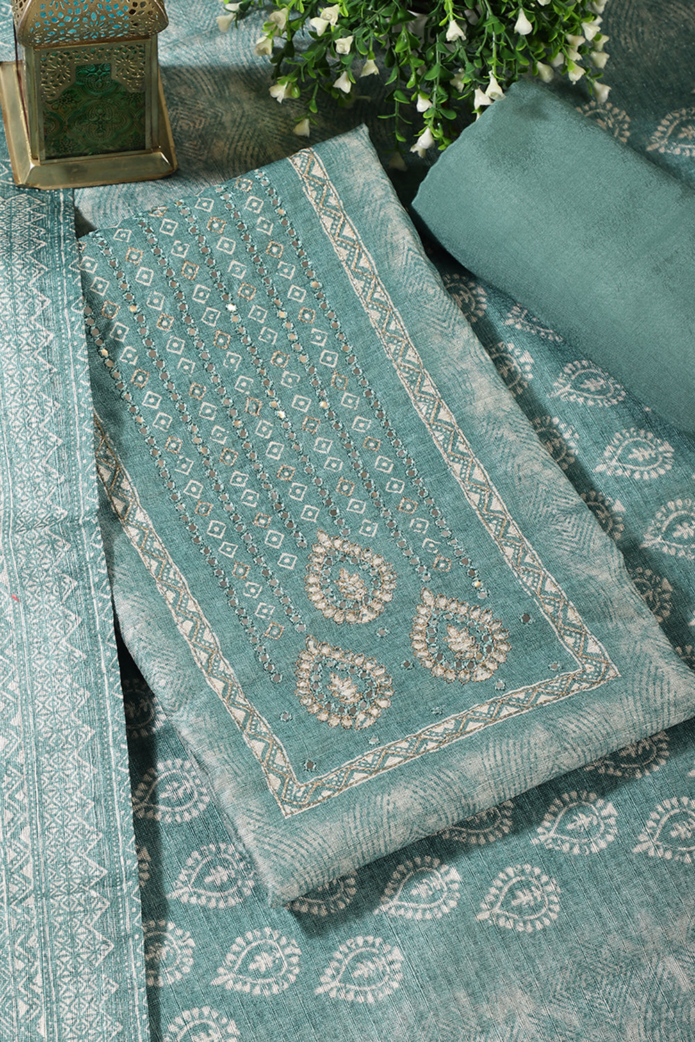 Sea Green Chanderi Silk Mirror Worked Unstitched Suit Material