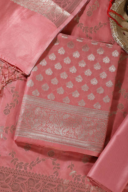 Peach Silk Zari Woven Unstitched Suit Fabric