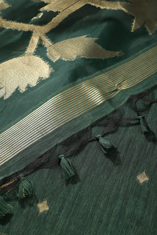 Bottle Green Tussar Silk Floral Zari Woven Saree
