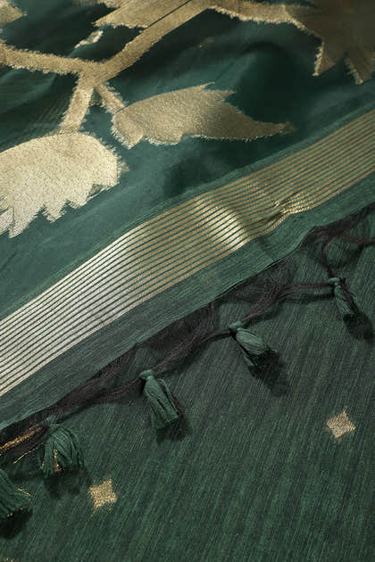 Bottle Green Tussar Silk Floral Zari Woven Saree