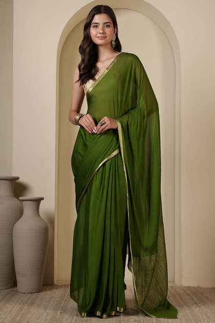 Green Chiffon Zari Border Saree