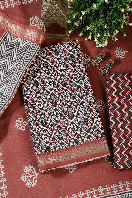 Black Cotton Ajrakh Block Print Unstitched Suit Material