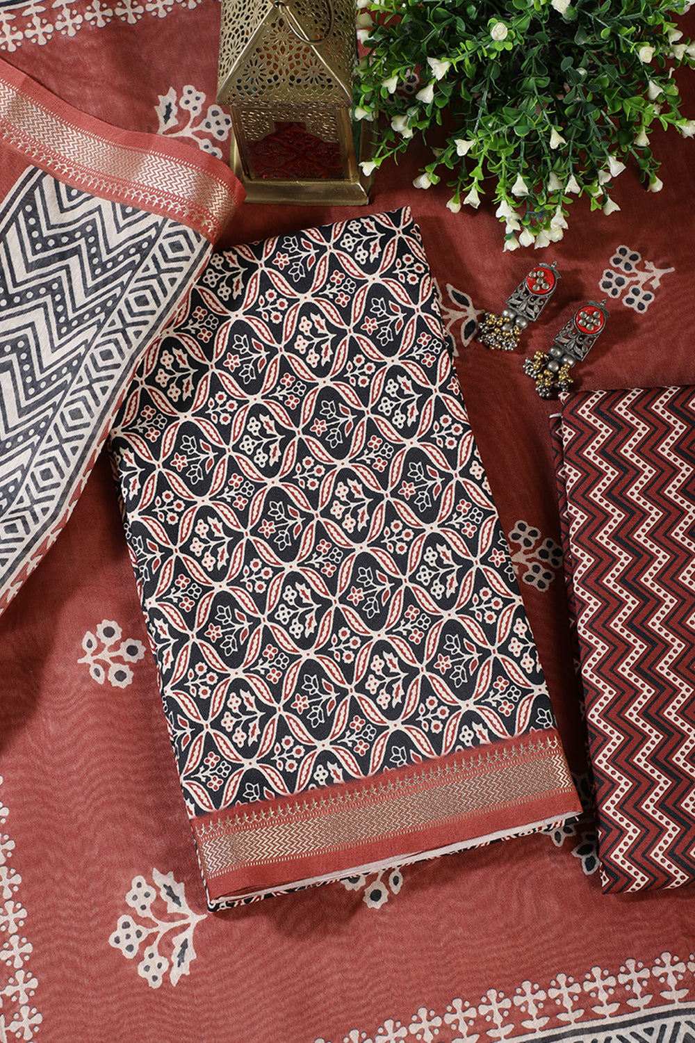 Black Cotton Ajrakh Block Print Unstitched Suit Material