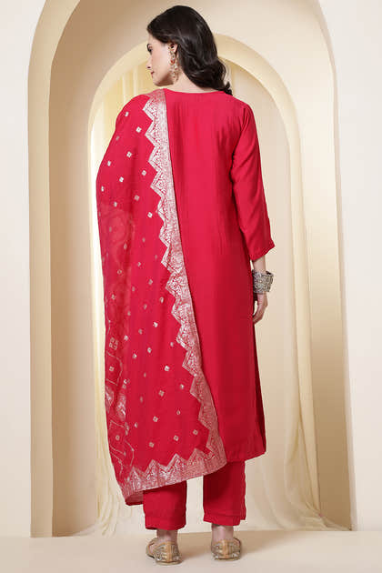 Rani Silk Neck Embroidered Suit Set With Woven Dupatta