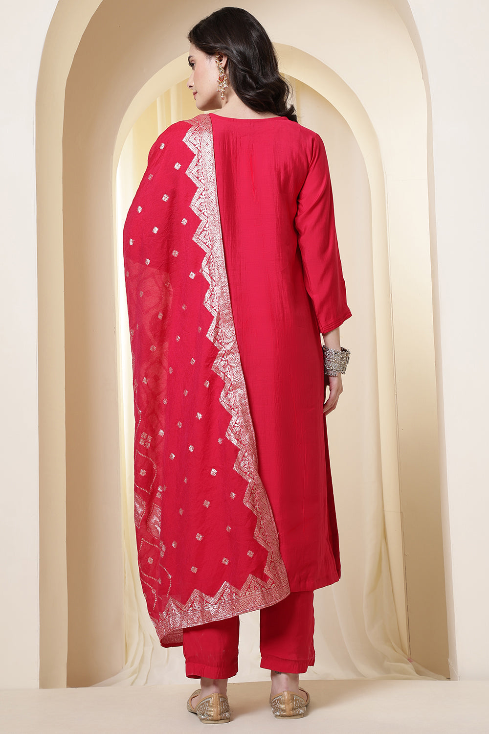 Rani Silk Neck Embroidered Suit Set With Woven Dupatta